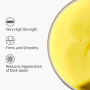A graphic showing the key benefits of The Ordinary's Retinal 0.2% Emulsion next to its yellow, creamy texture. The icons show it is Very High Strength, Firms and Smooths, and Reduces Appearance of Dark Spots.