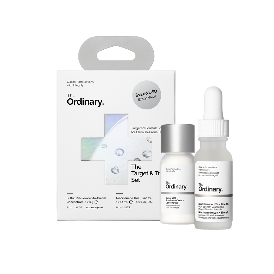 The Ordinary Target & Treat Set packaging box next to a full-size Sulfur 10% Powder-to-Cream Concentrate and a mini Niacinamide 10% + Zinc 1% serum.